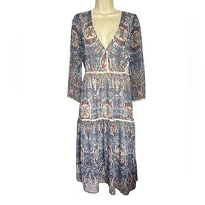Chelsea & Violet Blue Orange V-Neck Bishop Sleeve Dress